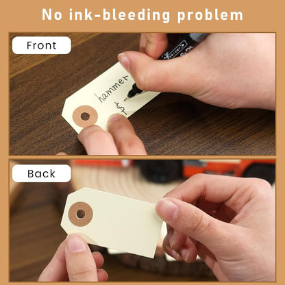 SallyFashion 100 Pack Pricing Tags with String, Blank Labeling Tag with Reinforced Hole and Metal Wire, Manila Hang Tabs for Luggage Clothing Sale Supplies Equipment Parts, Gift Tags(2 3/4" x 1 3/8")