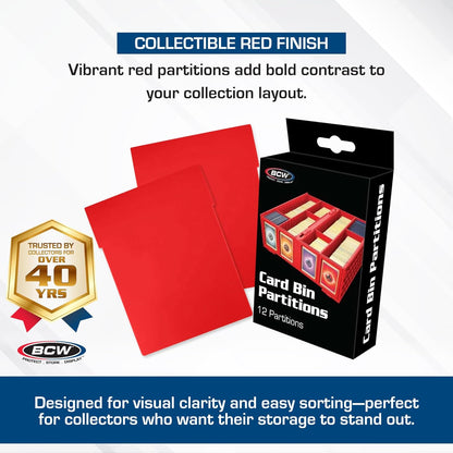 BCW Collectible Card Bin Partitions - Red | Dividers for BCW Card Bins & 6 Drawer Card Catalog | Divide and Organize Your Trading Card Collection | Visible Sections, Adhesive Label-Friendly