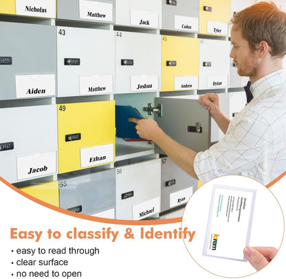 Outus 100 Pcs Clear Self Adhesive Pockets - Bin Labels for Storage Bins, Pocket Label Sleeves, Plastic Index Card Holder with Top Open for Organizing Bins Box Drawer(2 x 3.75, 3 x 5 Inch)