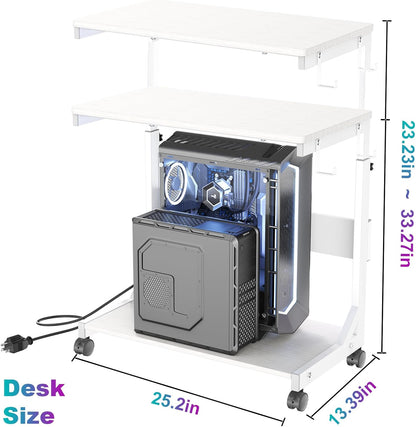 Height Adjustable Computer Tower Stand with Charge Station and USB Charging Port, 2-Tier ATX-Case Cart, Under Desk Mobile PC Stand, CPU Holder Cart with Locking Caster Wheels for Fits Most PC