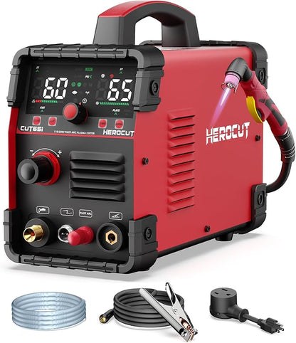 Plasma Cutter, 65Amps HEROCUT Plasma Cutter Machine CUT65i, Non-Touch Pilot Arc, 110/220V Dual Voltage IGBT Inverter, Screen Display, Air Sensor, 20mm Max Cutting Thickness, 2T/4T for Beginners DIY