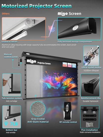 MIGO 100 Inch Projector Screen Tab-Tension,Motorized Projector Screen Pull Down with 4K HD Partial Ambient Light Remote,Wall Mount Ceiling Mount Automatic Movie Screen for Home Theater(Black Housing)