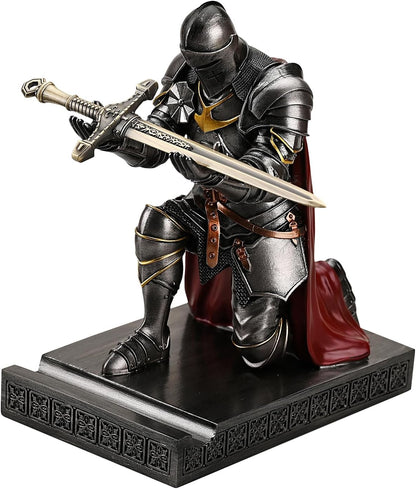 Medieval Armored Warrior Wearing Outerwear, Mobile Phone Stand Knight Pen Holder Desk Organizers, Resin Bookends Paperweight with a Letter Opener for Desk (Iron)