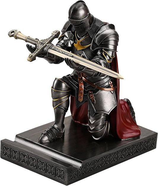 Medieval Armored Warrior Wearing Outerwear, Mobile Phone Stand Knight Pen Holder Desk Organizers, Resin Bookends Paperweight with a Letter Opener for Desk (Iron)