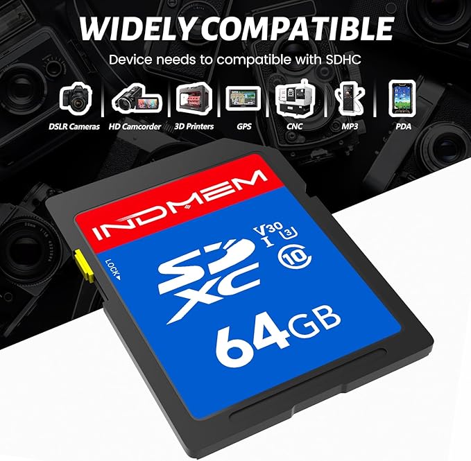INDMEM SD Card 64GB 8-Pack, Class 10 64GB High Speed up to 90M/S Full HD Video Flash Memory Card MLC Standard Secure Digital Cards Camera Cards