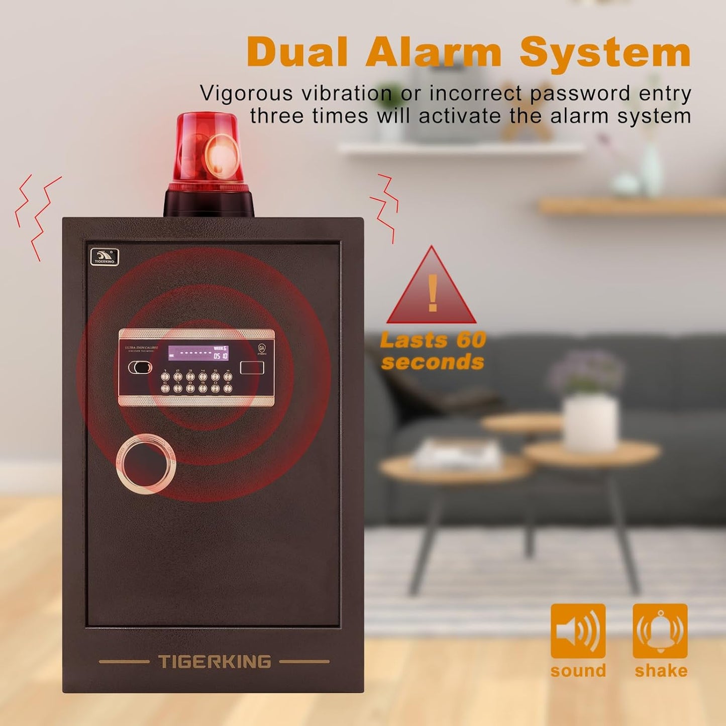 TIGERKING Large Heavy Duty Safe Box, 3.47 Cuft Digital Security Home Safe with Combination Lock Built-in Lockable Box, Dual Alarm System Safes for Home Office Business, Antique Brass