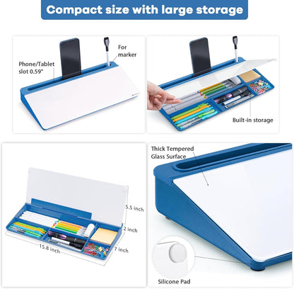 Varhomax Glass Desk Whiteboard with Storage, Desktop Organizer Dry Erase White Board to-do List Memo for Home Office and School Supplies (Blue)