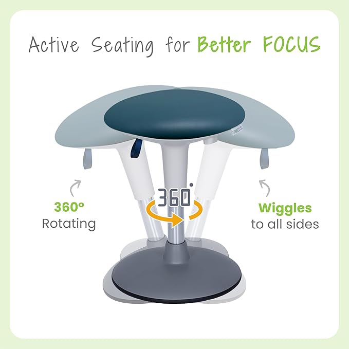 Kids Wobble Stool Ages 7–12; Adjustable Height Wobble Stool for Classroom Seating with Soft, Easy-to-Clean New Fabric Cushion; Flexible Wiggle Chair for Focus & ADHD + Bonus Visual Timer (Lake Teal)