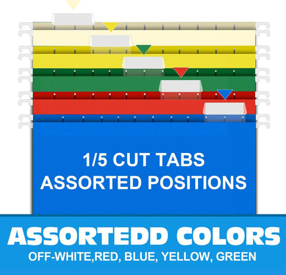 HERKKA Hanging File Folders, 60 Pack Reinforced Letter Size Hanging Folders with Heavy Duty 0 Inch Expansion, Designed for Bulky Files, Medical Charts, Adjustable Tabs, Assorted Colors