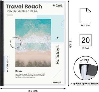 JOERSH 20Pcs Clear Report Covers with Sliding Bar, 40 Sheet Capacity Plastic Binder Paper Protector, Report Folders with Clear Cover for Resume File Documents, Black