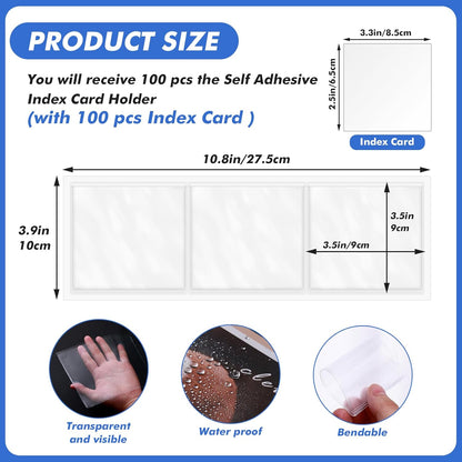 Circloophs 100 Packs Self Adhesive Index Card Pockets with Index Card, 3.5”x 3.5” Adhesive Label Holders – Plastic Clear Adhesive Label Pockets for Storage Bins, Locker, Shelves, Library, Office