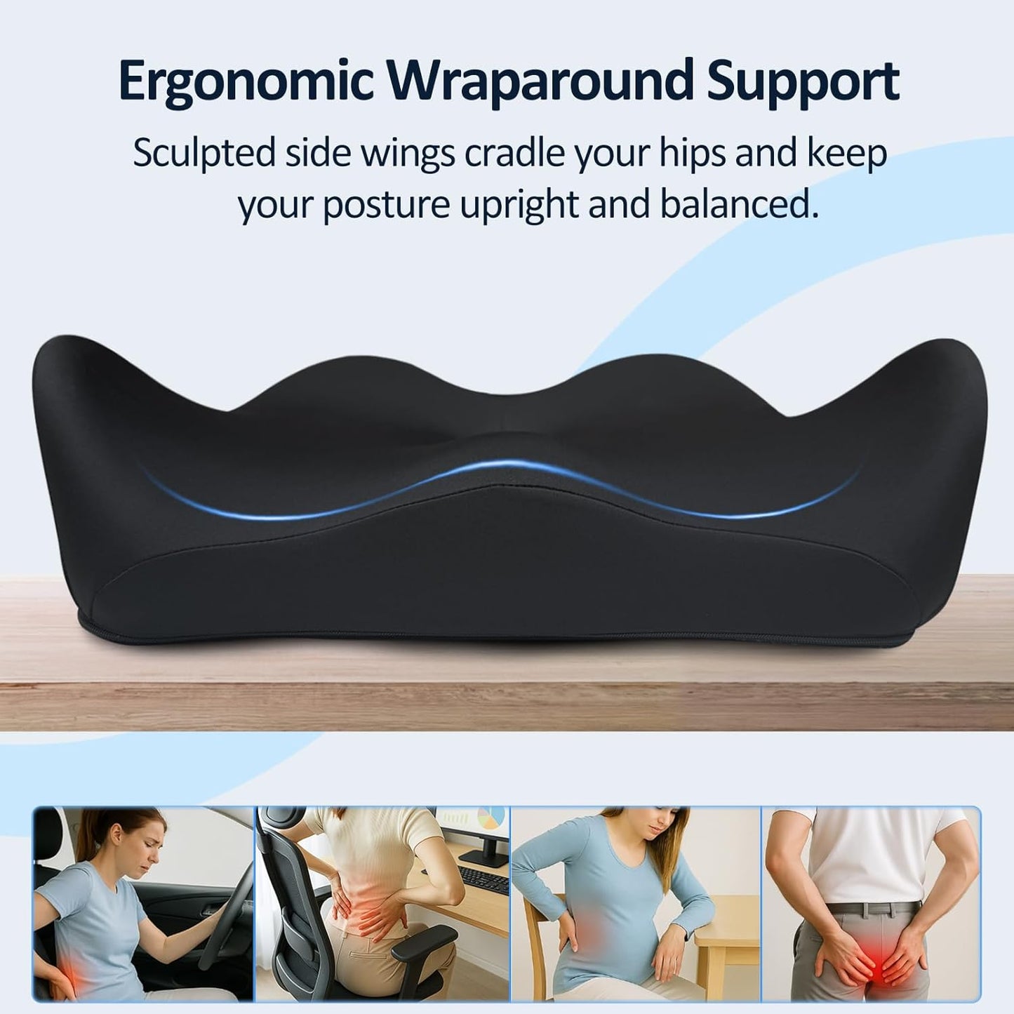 X Large Memory Foam Seat Cushions for Office Chairs, Long Sitting Pressure Relief Ergonomic Office Chair Cushion for Butt Coccyx Tailbone Sciatica, Car Seat Booster for Height (Pure Black)
