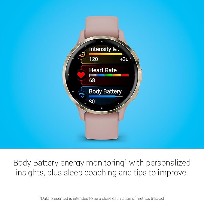 Garmin Venu 3S Running GPS Smartwatch with AMOLED Display, Advanced Health, Fitness Features, Up to 14 Day Battery Life with Signature Power Bundle | Soft Gold with Dust Rose Silicone Band