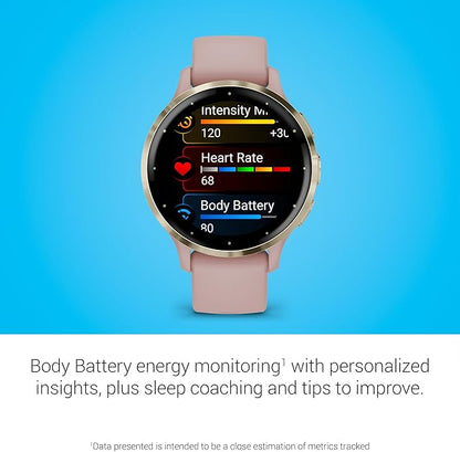 Garmin Venu 3S Running GPS Smartwatch with AMOLED Display, Advanced Health, Fitness Features, Up to 14 Day Battery Life with Signature Series Modern Power Stand | Gold with Dust Rose Silicone Band