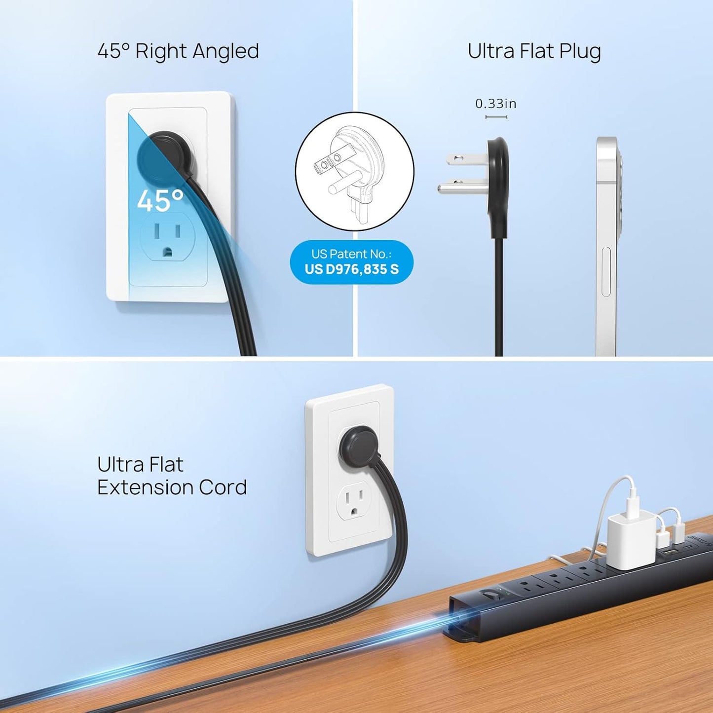 TROND 15ft Long Extension Cord with 2 USB C, ETL Listed, Ultra-Thin Flat Plug Power Strip, Slim Surge Protector, 4 Outlets 4 USB Ports, Wall Mount, Office Accessories Dorm Room Essentials, Black