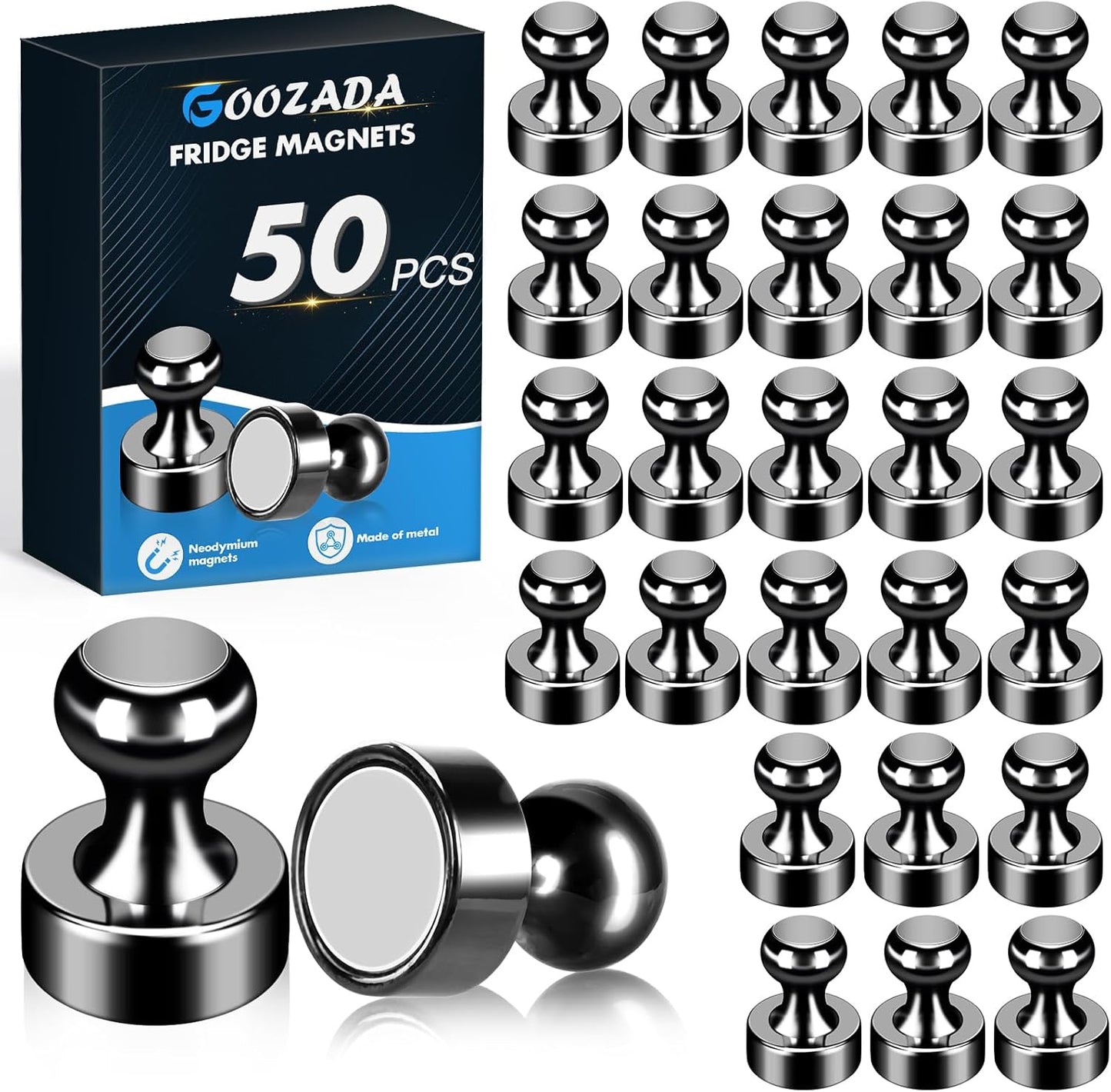 50Pack Fridge Magnets,Black Refrigerator Magnets,Small Magnets for Whiteboard,Strong Fridge Magnet Adults,Push Pin Magnet for Kitchen, Office, Classroom, Locker