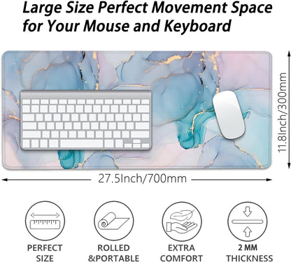 Cyan Blue Marble Desk Pad Mouse Pad,Large XL Mouse Mat with Stitched Edges,Non-Slip Rubber Base Mousepad for Office PC Keyboard Laptop and Home Work Desk Mat(27.5X11.8 in)