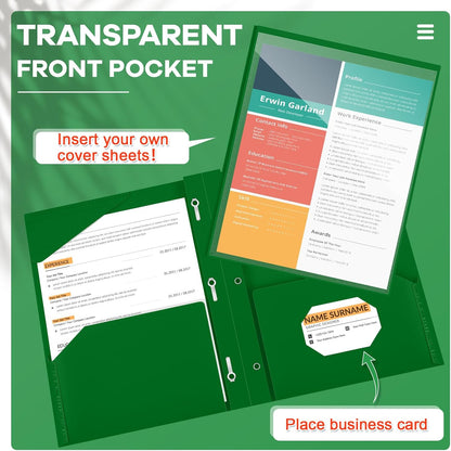 Henoyso 36 Pcs Plastic Folder with Clear Front Pocket and 3 Prong Plastic Folders with Card Slot Pocket Folders with Prongs for School Office (Dark Green)