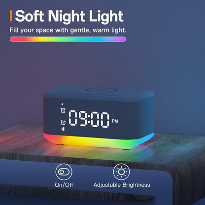 Alarm Clock Speaker Wireless Charger, Digital Alarm Clocks Bedrooms Bluetooth, Alarm Clock Dimmable Light Bedrooms Bluetooth Speaker Dual Alarm Snooze 12/24H Dimmer Support USB AUX, Grey