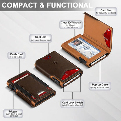 Wallet for Men Wallet with Slim Pop Up Card Holder 9-13 Cards, Bifold Minimalist Smart Wallet RFID Blocking Credit Card Holder with ID Window & Stretchable Cash Slot Compact Metal Aluminum Card Case