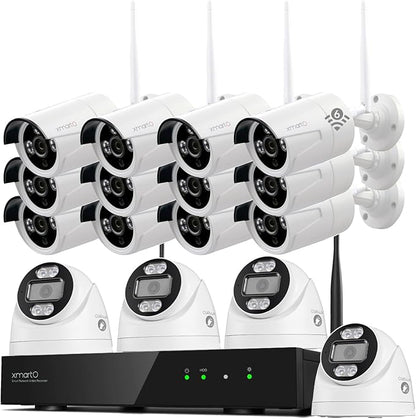 xmartO 16CH 16 Pcs Home Security Camera Kit, 4 * 2K HD Dome Camera and 12 * 2K 3MP Super HD WiFi Home Security Camera, 2-Way Audio, Night Vision, 24/7 Surveillance Camera, No Monthly Fee