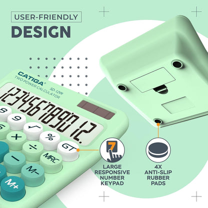 CATIGA Mechanical Switch Calculator with Solar and Battery Dual Power, 12-Digit Large LCD Display, Aesthetic and Cute Desktop Calculator with Big Button, for Home, School and Office Use, SD-1299