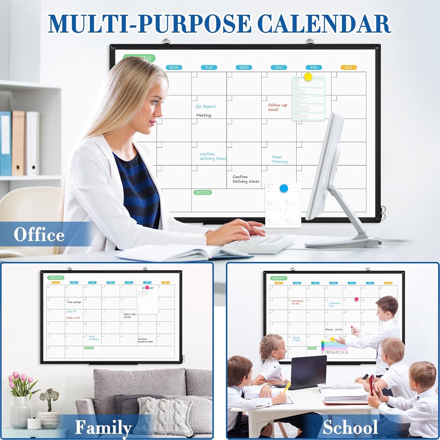 WALGLASS Dry Erase Calendar Whiteboard for Wall, 36" x 24" Double-Sided Monthly Calendar White Board with Black Aluminum Frame, Hanging or Wall Mount Whiteboard for Home, Office, School