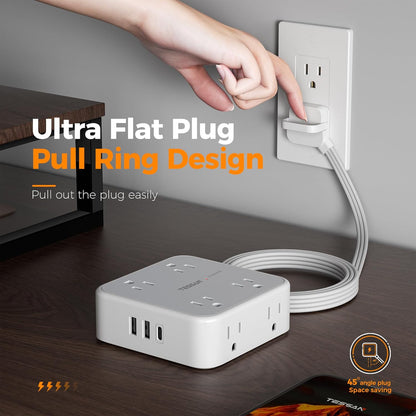 Surge Protector Power Strip, TESSAN 5 FT Flat Extension Cord with 8 AC Outlets 3 USB Ports (1 USB C), 900 Joules Protection, 3-Sided Wall Plug Extender, Desk Charging Station for Office, Dorm