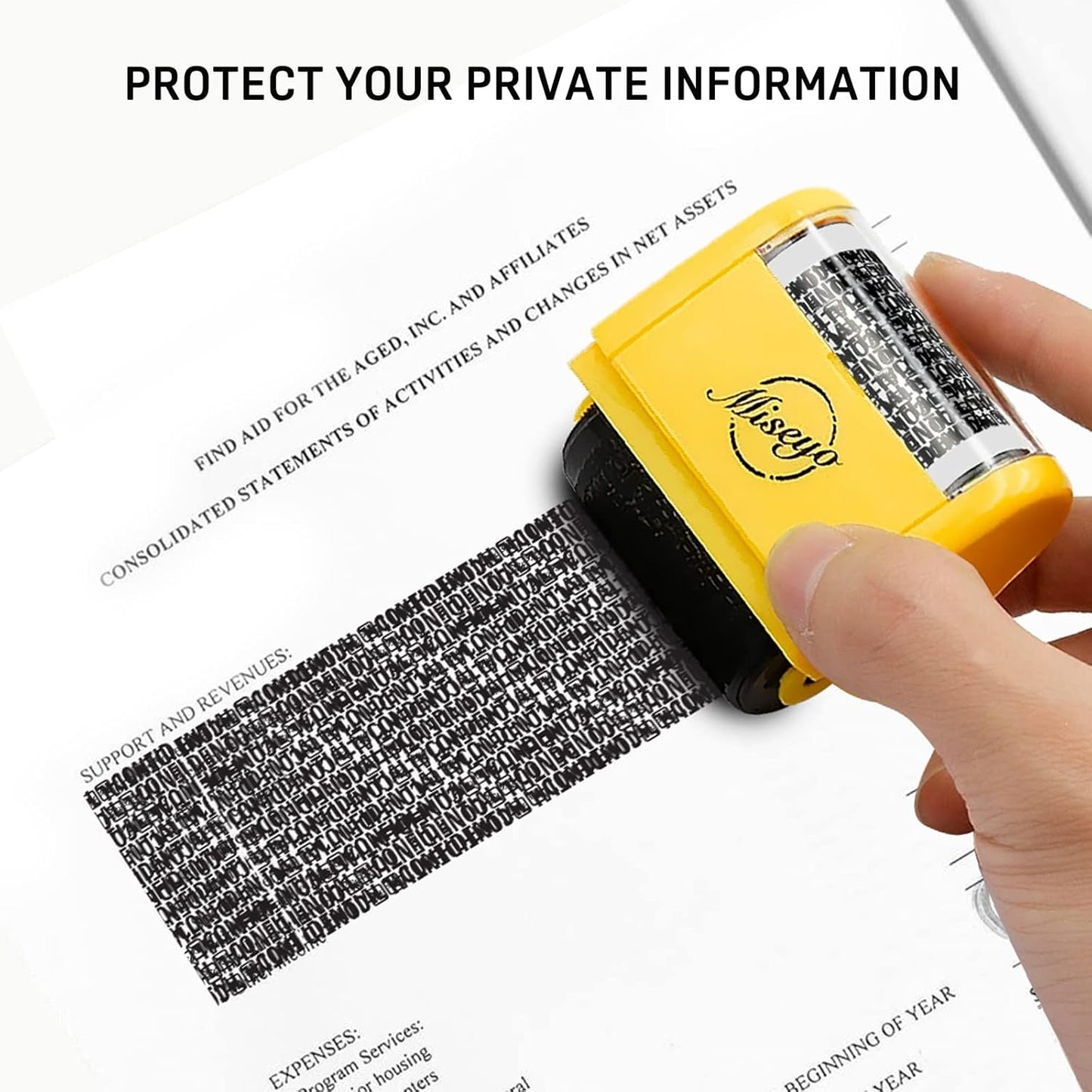 Miseyo Wide Identity Theft Protection Roller Stamp Set - Yellow (3 Refill Ink Included)