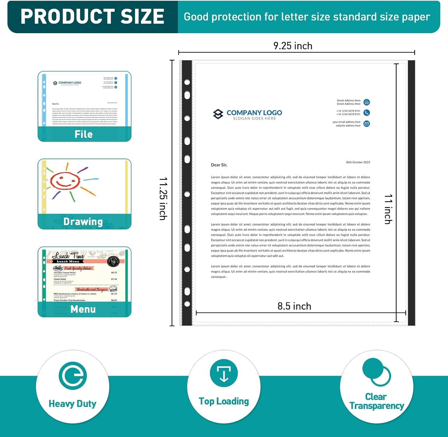 Sheet Protectors, PANDRI 500 Pack Color Heavy Duty Plastic Page Protectors Sheet Reinforced 11-Hole Fit for 3 Ring Binder Fits Standard 8.5 x 11 Paper, 9.25 x 11.25 Top Loaded, Excluding Acid