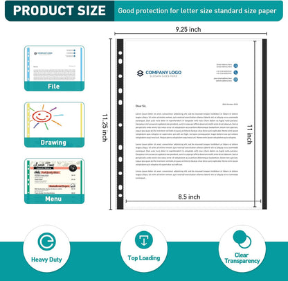 Sheet Protectors, PANDRI 400 Pack Color Heavy Duty Plastic Page Protectors Sheet Reinforced 11-Hole Fit for 3 Ring Binder Fits Standard 8.5 x 11 Paper, 9.25 x 11.25 Top Loaded, Excluding Acid