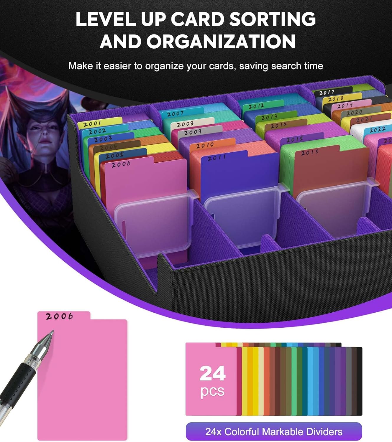 MoKo Trading Card Storage Box, 3000+ MTG Deck Box with 24 Colorful Dividers & 4 Card Supporters, Commander Card Deck Case Fits for Magic Game Cards, YugiOh, TCG, PTG and Sport Cards, Black Purple