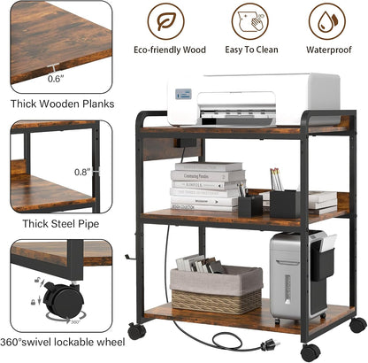 3 Tier Large Printer Stand with Wheels, 25.2 x 18.9 Inch Printer Stand with Power Outlet USB Port, Printer Table with Adjustable Storage Shelf for Home Office, Rustic Brown