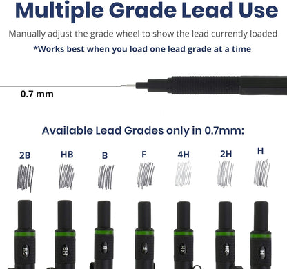 Pacific Arc Chromagraph Metal Mechanical Pencil .7 mm Black Barrel Mechanical Pencil with Built In Lead Pencil Grade Indicator, Lead Pencil Holder for Drafting, Sketching, and Drawing