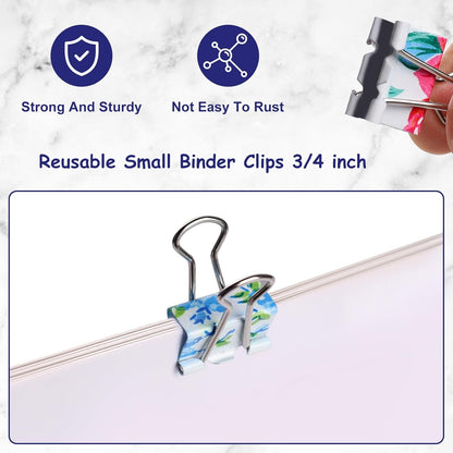 Ufmarine 60 Pcs Small Binder Clips3/4 Inch, Floral Cute Binder Clips, Small Paper Clips for Office, Standard Size