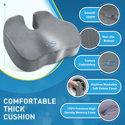 BlissTrends Seat Cushion,5.2in Thick Memory Foam Cushions for Office Chair, Car Seat, Airplane, Relieving Pressure Tailbone Sciatica Back Pain for Long Sitting Office Workers, Car Drivers LightGrey