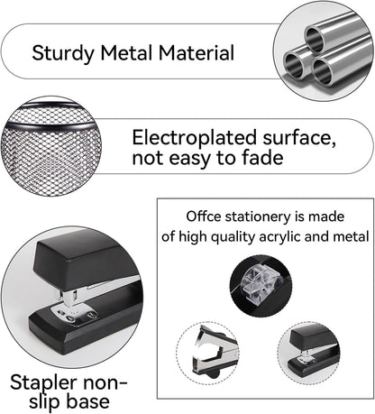 Black Desk Accessories, Office Supplies Set with Stapler, Tape Dispenser, Staple Remover, Pen Holder, Scissor, Binder/Paper Clips, Ballpoint Pen, Clear Tape and 1000pcs Staples
