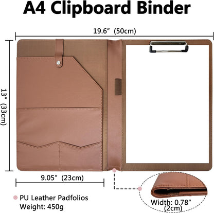 Portfolio Folder Padfolio with A4 Clipboard, PU Leather Portfolio Clipboard Business Binder Writing Clip Board Organizer for Legal Documents Business Card Men Women Brwon