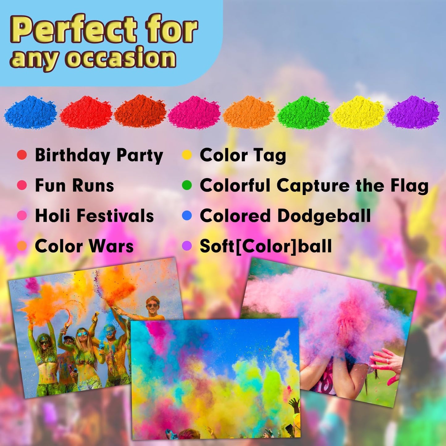 ARELUX Holi Powder Color Run Powder Balls 36 Pack 80g Each Natural, Throwing Balls of Washable Chalk Powder Paint for Color War, Rangoli, Fun Run, Party & Festival