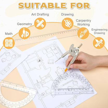 2 Pack Geometry Tool Set, Math Compass for Geometry and 6 Inch Protractor Set Include Metal Compass with Pencil and Clear Plastic Protractor for Student Classroom Office Woodworking Art Drawing