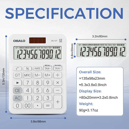 Pendancy Pocket Small Size Desk Calculator, 12 Digit Large LCD Display, Basic Tax Function Handheld Desktop Calculator with Solar Battery Dual Power, for Office, School, Business OS-12T (White)