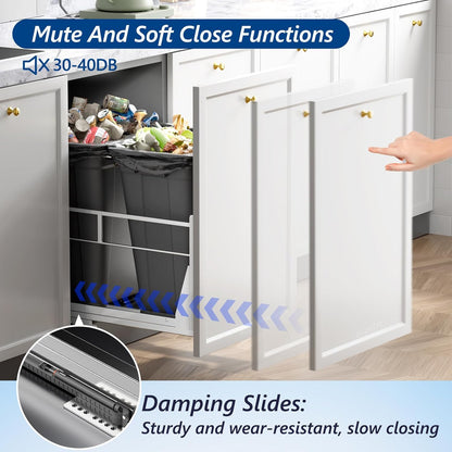 Insputer Double 40QT Pull Out Trash Can Under Cabinet, Heavy Duty Under Sink Garbage Bin Kit with Soft-Close Slides for Kitchen, Laundry, Requires Minimum Cabinets Opening 18" W X 24" D