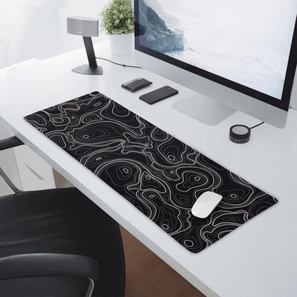 Topographic Map Black Gaming Mouse Pad XL Minimalist Topo Geographic White Lines Extended Large Mat Mousepad Desk Pad Non-Slip Rubber Base Stitched Edge Long Keyboard Pad for Computer,31.5×11.8 in