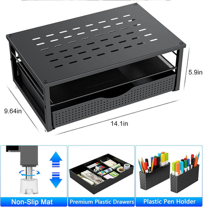 gianotter Desk Organizers and Accessories, Monitor Stand with Drawer and 2 Pen Holder, Desktop Organizer Suitable for Offices and Dormitories (Black)