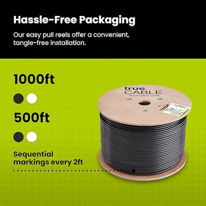 trueCABLE Cat5e Outdoor, Unshielded UTP, 1000ft, UV Resistant, CMX Rated, Black, 24AWG Solid Bare Copper, 350MHz, PoE++ (4PPoE), ETL Listed, Bulk Ethernet Cable