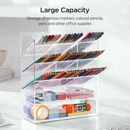 HBlife Acrylic Pen Desk Organizer with Drawer, Clear Vertical Marker Organizer with 11 Compartments, Angled Large Stationary Pencil Display Holder, Art Supplies Organizer for Desk, School and Home