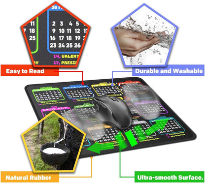 Calendar Mouse Pad 9.5 X 7.8 in, Mouse Pads with Stitched Edges and Non-Slip Rubber Base, Home Office Desk Decor Accessories for Computer Laptop Work Gaming (Black 2025 with Holidays)