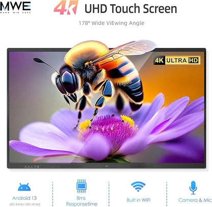 65" Smart Board for Classroom Office Home, All-in-One 4K Interactive Whiteboard, Digital Electronic Smartboard with 20 Point Touchscreen, Android 13, 8+128G (Wall Mount Included)