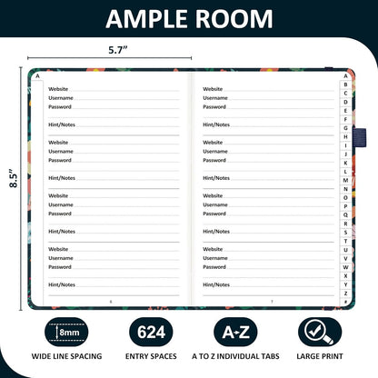Password Book with Individual Alphabetical Tabs Laminated, Large Print Password Keeper Book for Seniors, A5 Hardcover Internet Password Log Book to Record Website Login Details - Floral