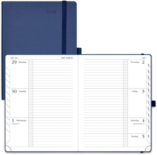 POPRUN 2026 Weekly Planner (Medium 6.75" x 8.75") 12 Months Calendar Notebook with Horizontal Layout, Leather Hardcover, Inner Pocket, 100GSM Thick Paper, Pen Holder - Navy Blue